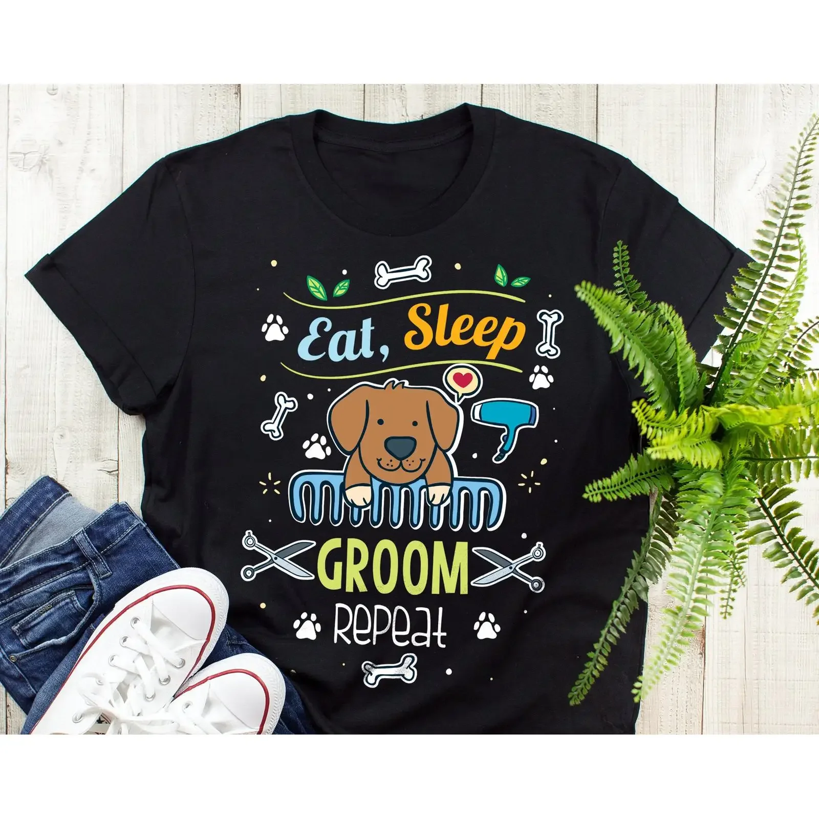 Eat Sleep Groom Repeat Funny Dog Groomer T Shirt Pet Grooming Salon Worker for  vintage Washed Stylish Casual streetwear Unisex