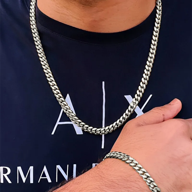 2pcs Street Hip Hop Silver Color Stainless Steel Cuban Chain Necklace Bracelet Set for Men Chunky Chain Set Male Punk Jewelry