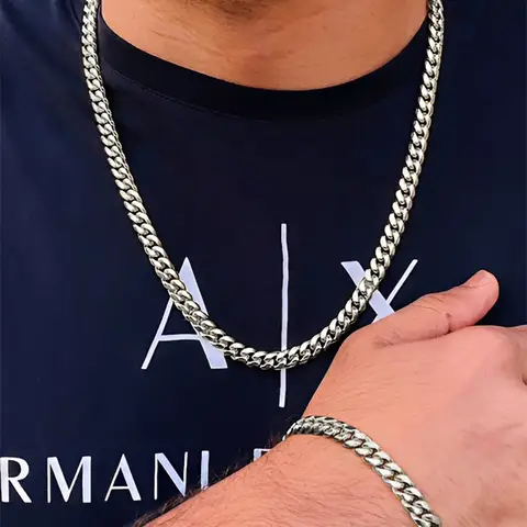2pcs Street Hip Hop Silver Color Stainless Steel Cuban Chain Necklace Bracelet Set for Men Chunky Chain Set Male Punk Jewelry