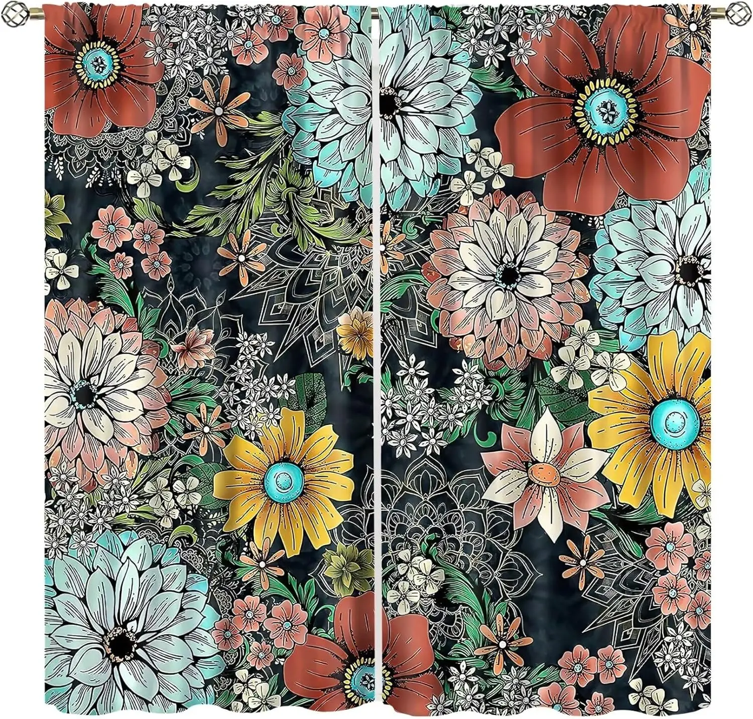 Boho Floral Curtains Rustic Bohemian Flower Colorful Mandala Plants India Aesthetic Art Printed Living Room Window Drapes Fabric