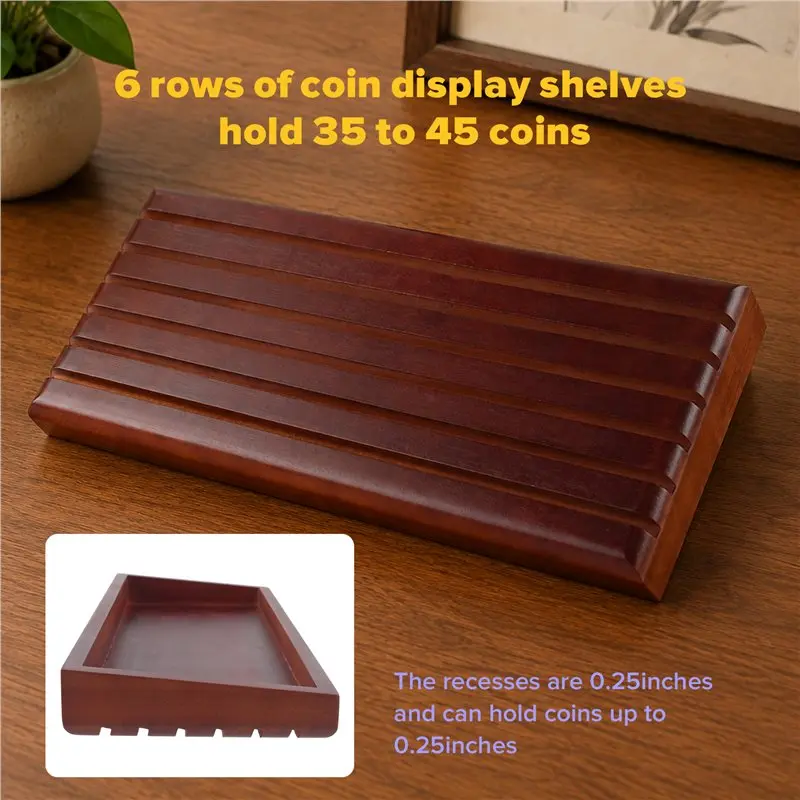 B84B Coin Display Stand, 6 Row Solid Wooden Coin Holder Rack, Holds 42 Challenge Coins, Coin Display Case for Veterans,