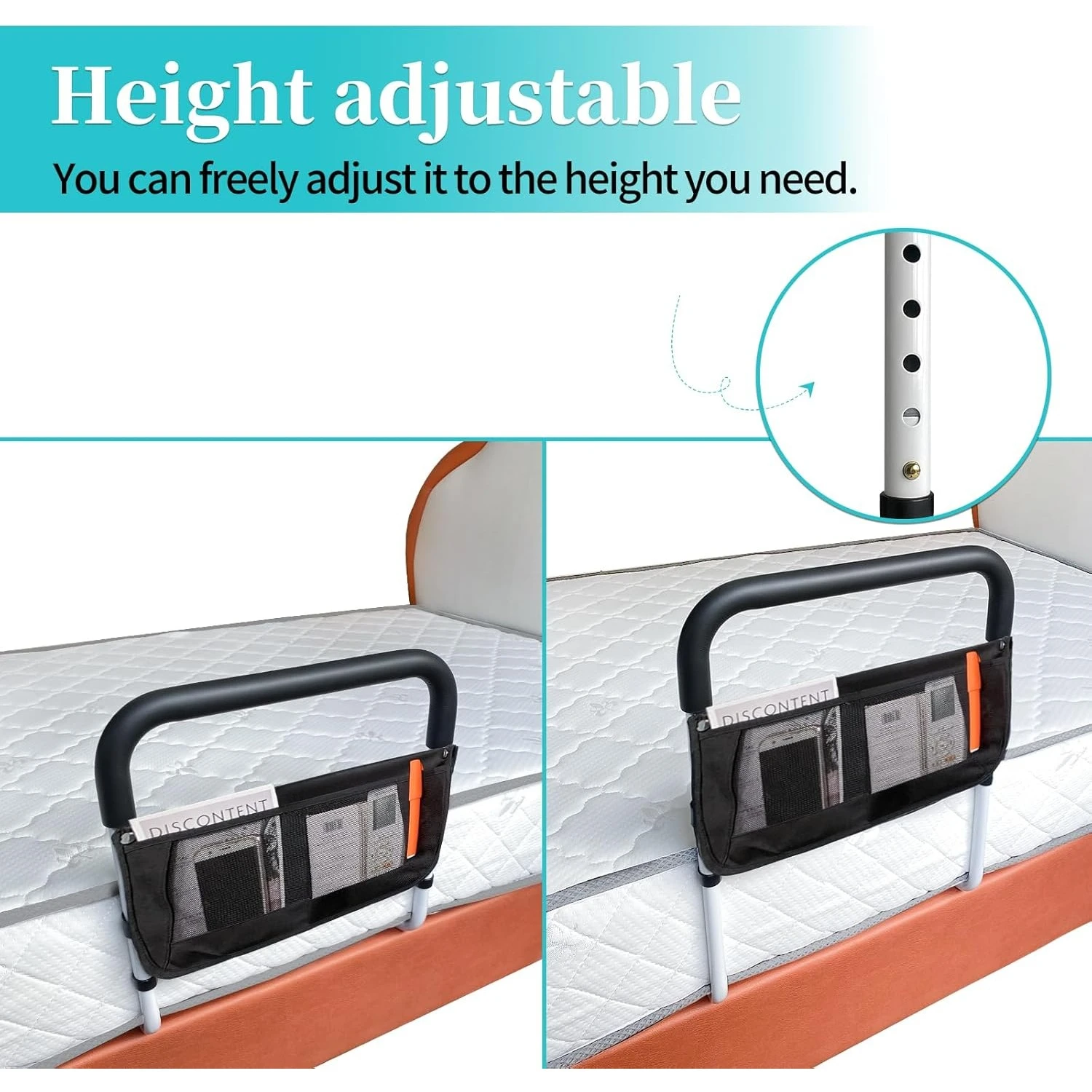 Bed Rails for Elderly Adults Safety with Adjustable Heights Storage Pocket Assist Support Side Railings Seniors Slides (White))