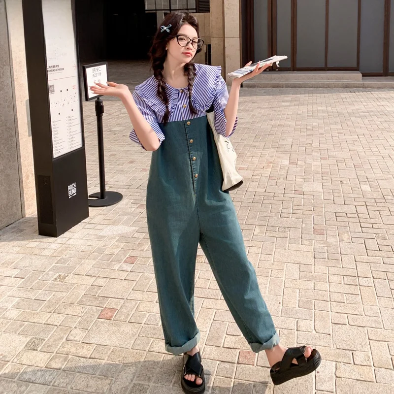 

Design Sensation Denim Jumpsuit Women's Summer 2024 New Doll Collar Anti-Aging Loose One-Piece Pants High Waist Long Pants