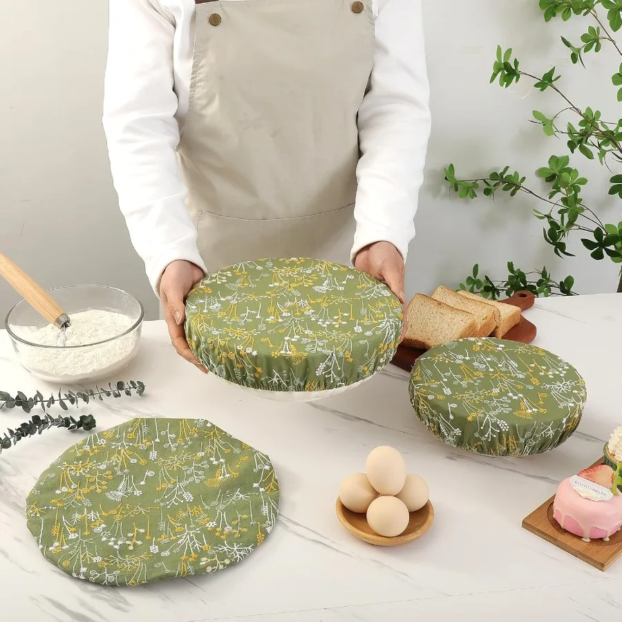 أغطية أوعية قابلة لإعادة الاستخدام لخبز الخبز المطرز الهندباء الكتان نسيج القماش القطني قابل للغسل مع غطاء مرن لـ #5