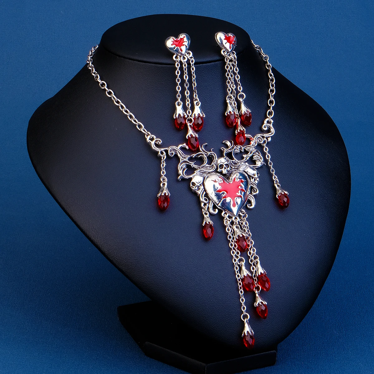 Halloween Bloody Rhinestone Necklace Set Earrings Heart Damage Bleeding Broken Women Jewelry and Accessories