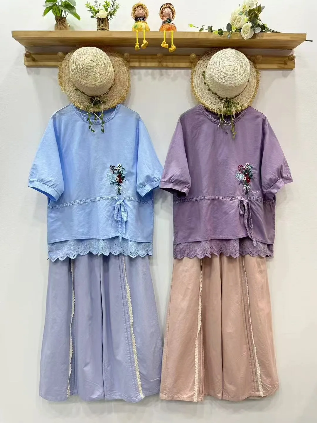 

Bust 110cm mori girl Japanese style blue purple beige flower embroidery shirts and blouses for women cotton short sleeve tops