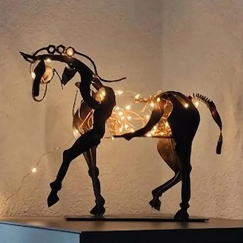 

Home Handicrafts Metal Horse Statue With LED Light Decoration Retro Rustic Openwork Figurine Office Desk Horse Sculpture Gift