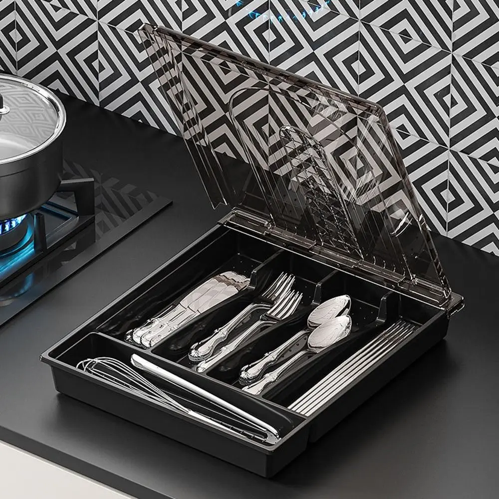 Plastic 5 Compartments Flatware Organizer Large Capacity Transparent Lid Silverware Drawer Organizer Dustproof