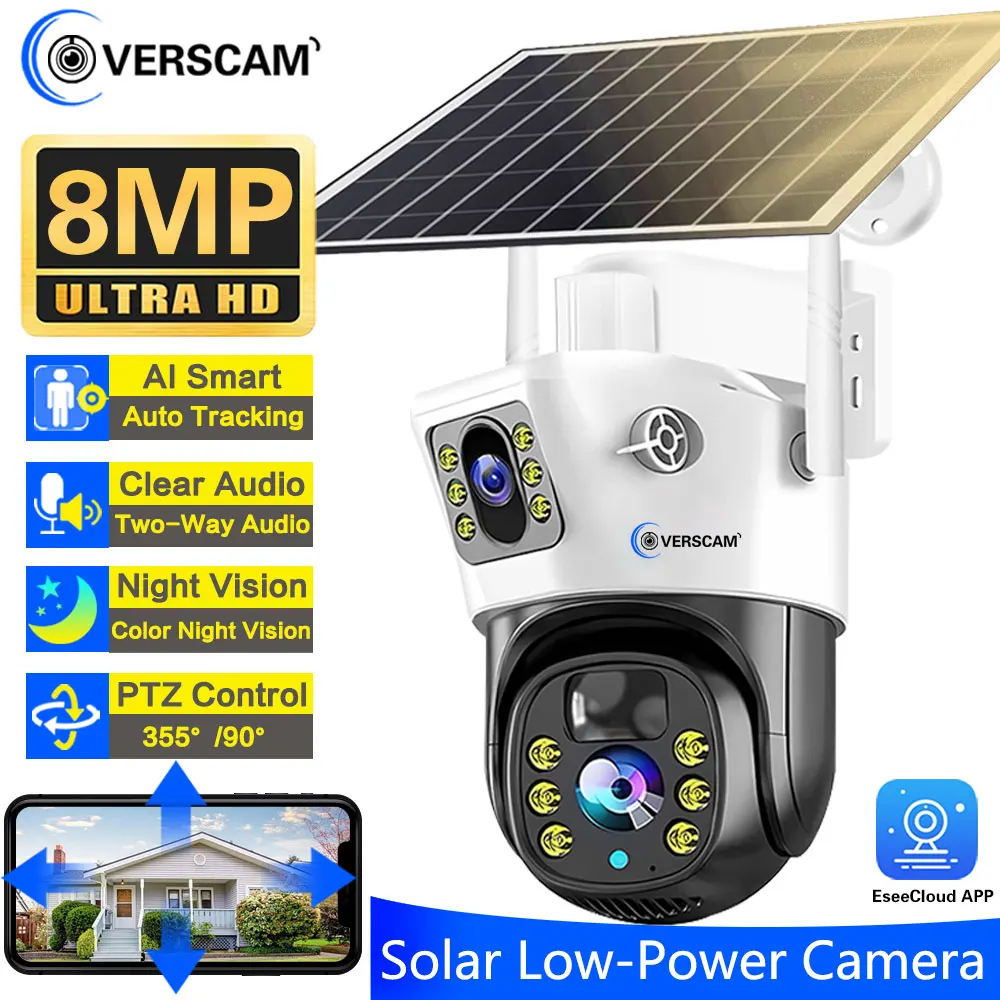 

8MP 4K Dual Lens Solar Camera Wireless Outdoor Waterproof PIR Tracking Detection CCTV Surveillance Low Powered Solaire IP Camara