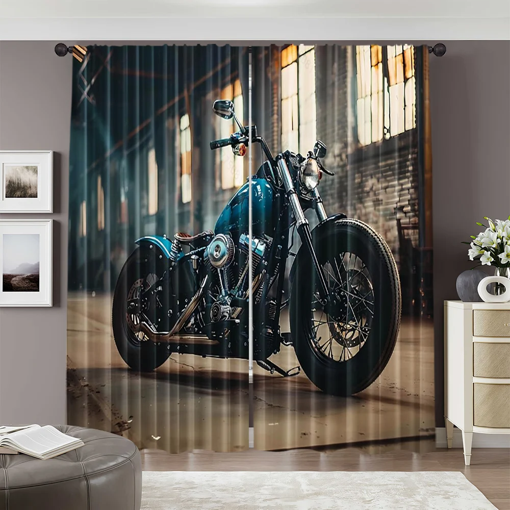 2pcs, 2D flat Drapes garage motorcycle vintage retro motorcycle Versatile Durable Polyester,Without Electricity Festive Holiday