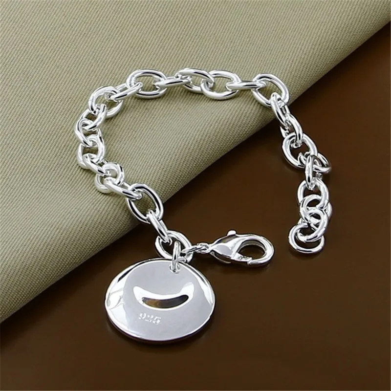 

925 Sterling Silver Circle/Round Tag Bracelet 20cm Chain Woman Fashion Charm Wedding Engagement Jewelry