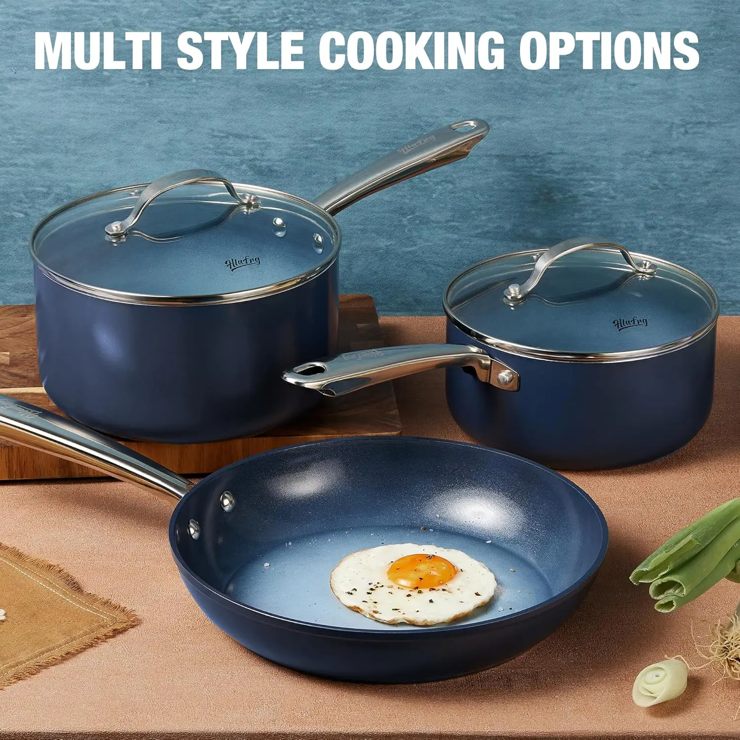 HLAFRG 1+2+3QT Nonstick Saucepan Set with Lids, Small Pot Set, Ceramic Coating, Easy to Clean, Stainless Steel Handle, Blue