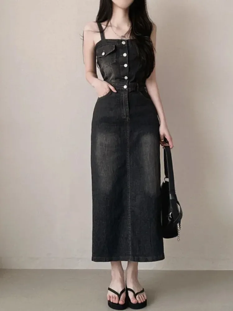 Vintage Chic Summer Age-Defng Lungo Strapl Denim Dr Donna Faionable Design unico Pendolarismo Sle Or Sve Dr