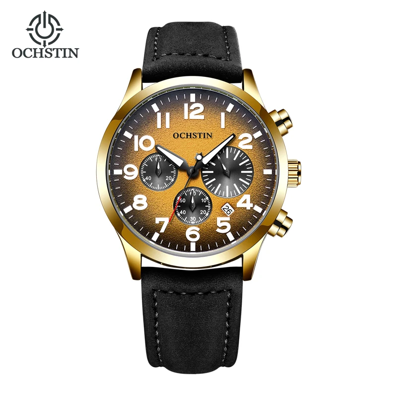 OCSHTIN Watch for Men Golden Luxury Chronograph Date Quartz Wristwatches Military Sports Leather Band Male Clock erkek kol saati