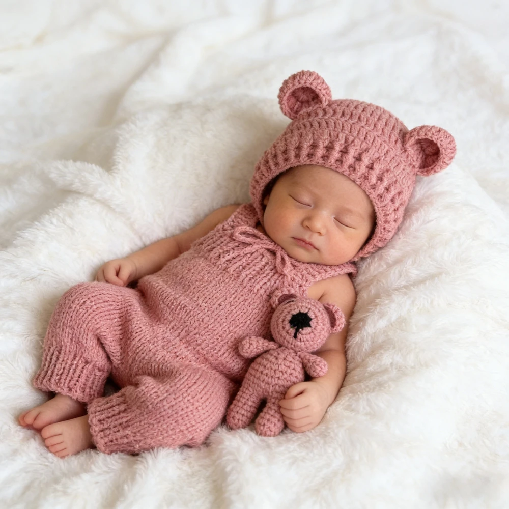 Newborn Photography Props Bear Baby Costume Crochet Hat Romper Newborn Baby Photo Shoot Outfit Infant Studio Props Soft Handmade