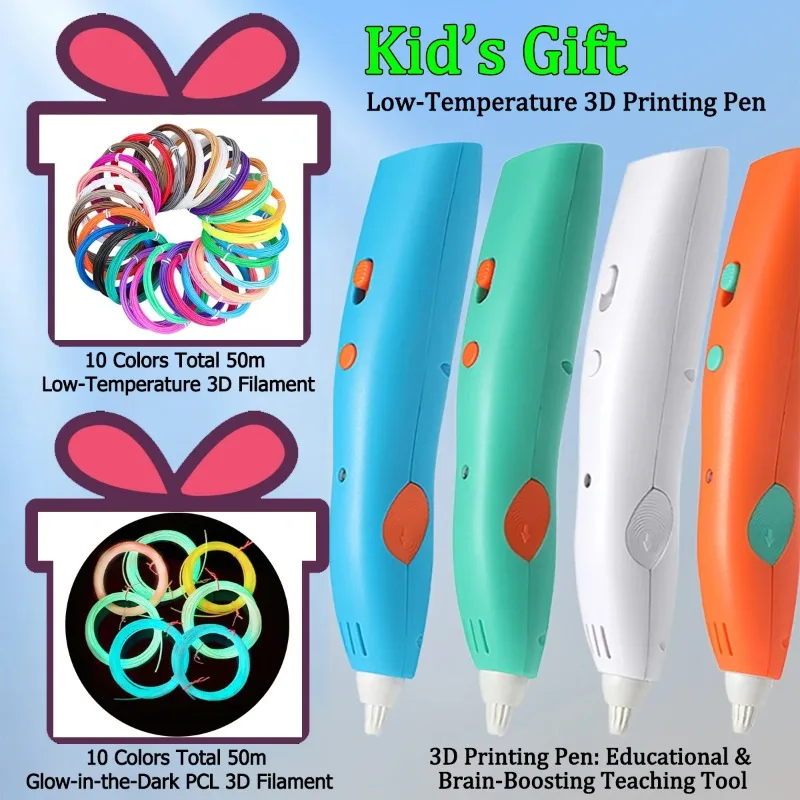 

Kids Low Temperature 3D Printing Pen with 1.75mm PCL Filament USB Rechargeable Corded Dual Use STEM Learning Educational Drawing