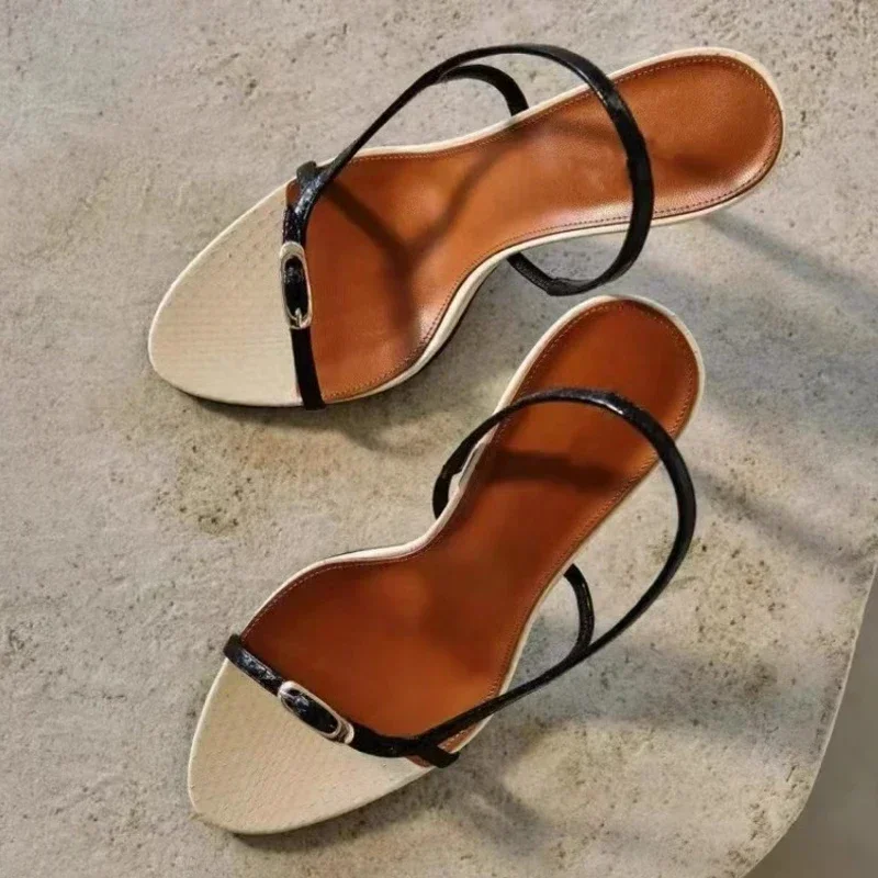 

Designer Buckle Open Toe Slip on Back Strap Sandals Women Summer Fashion Black White High Heels Wedding Prom Shoes Zapatos Mujer