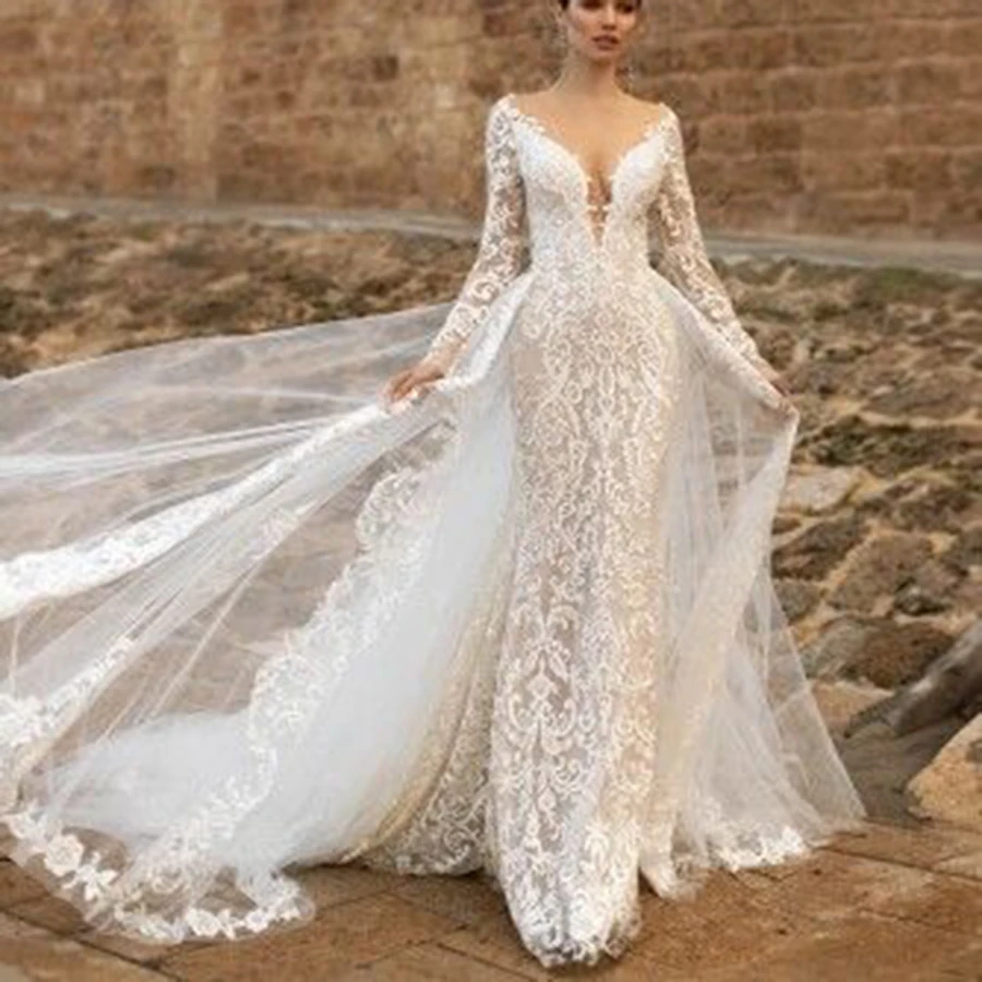 Exquisite Lace Long Sleeve Wedding Dress for Women Sheath Illusion V-Neck Bridal Floor Length Backless Dresses Court Train 2023