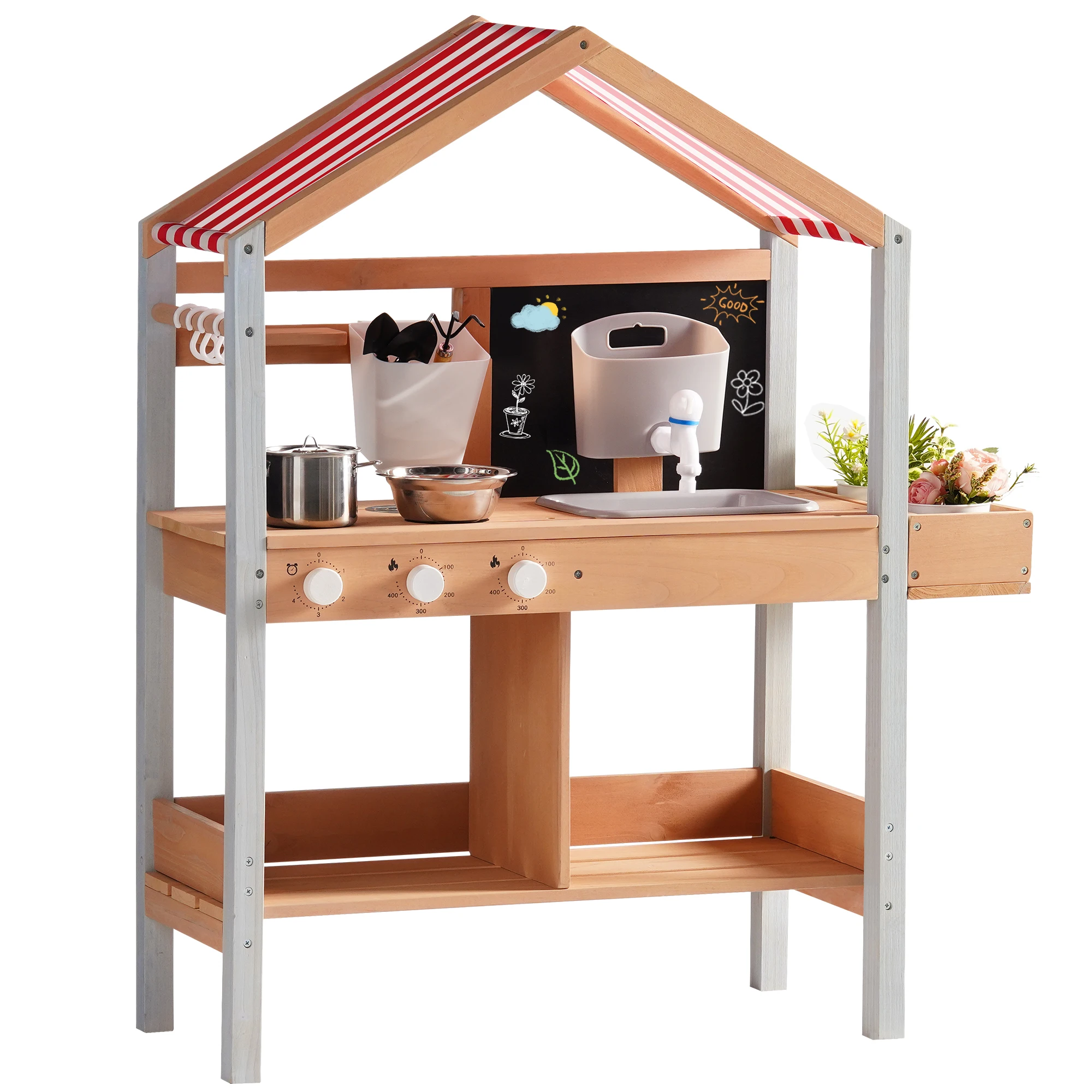 ROBUD Holz-Schlammküche für Kinder ab 3 Jahren, Outdoor-Spielküche mit funktionierendem Waschbecken, Wasserhahn, Pflanzkasten, Kreidetafel, Überdachung und Stauraum