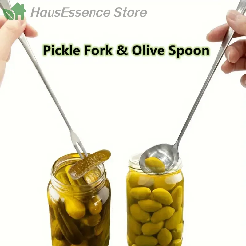 ※2Pcs 25cm Stainless Steel Pickle Forks Spoon Long Handle Jar Pickle Grabber, Canning Fork Fork Spoon Stainless Steel
