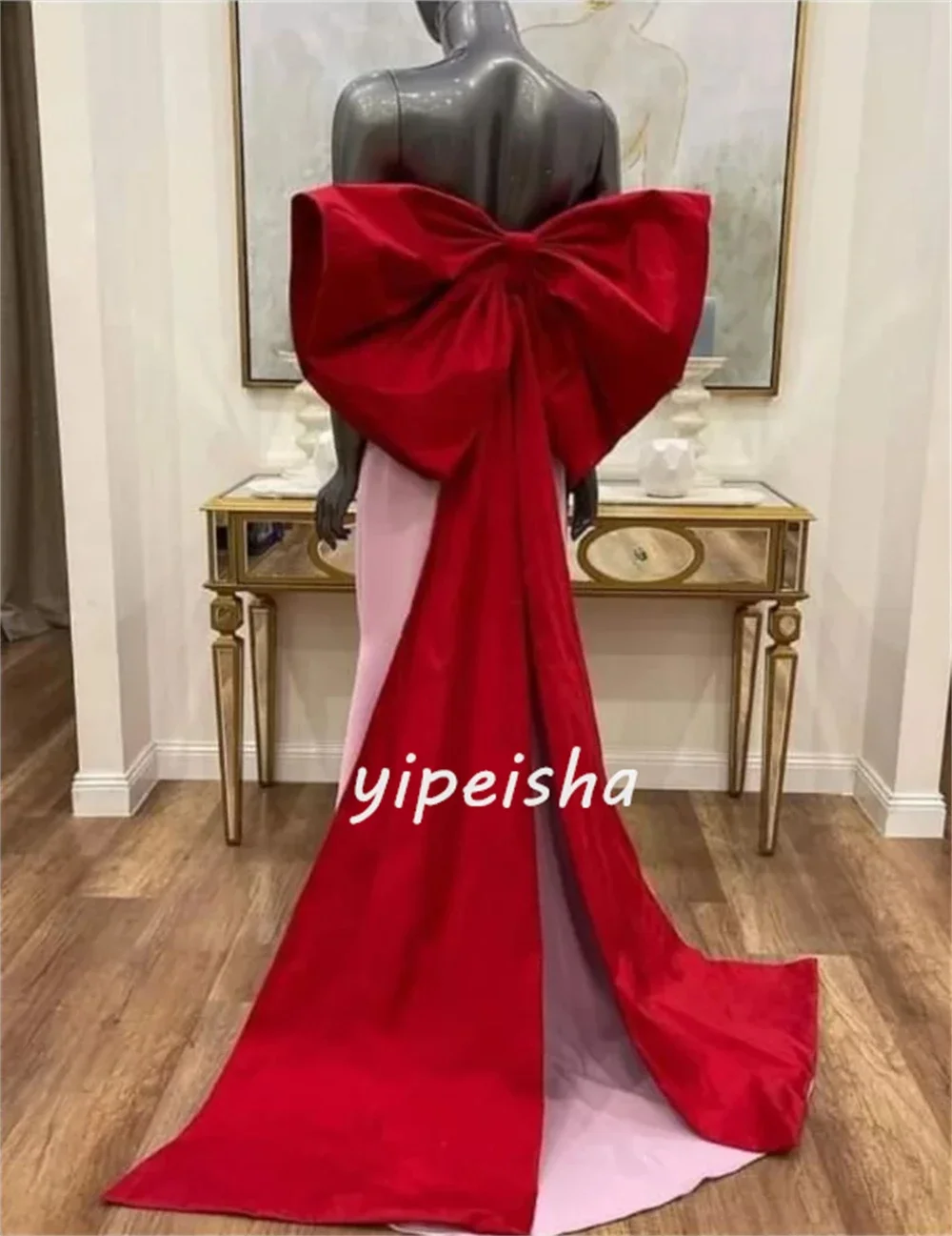 Customized Modern Style Exquisite Jersey Pleat Ruched Bow A-line Strapless Long Dresses Evening Dresses Casual Classic Simple Hi