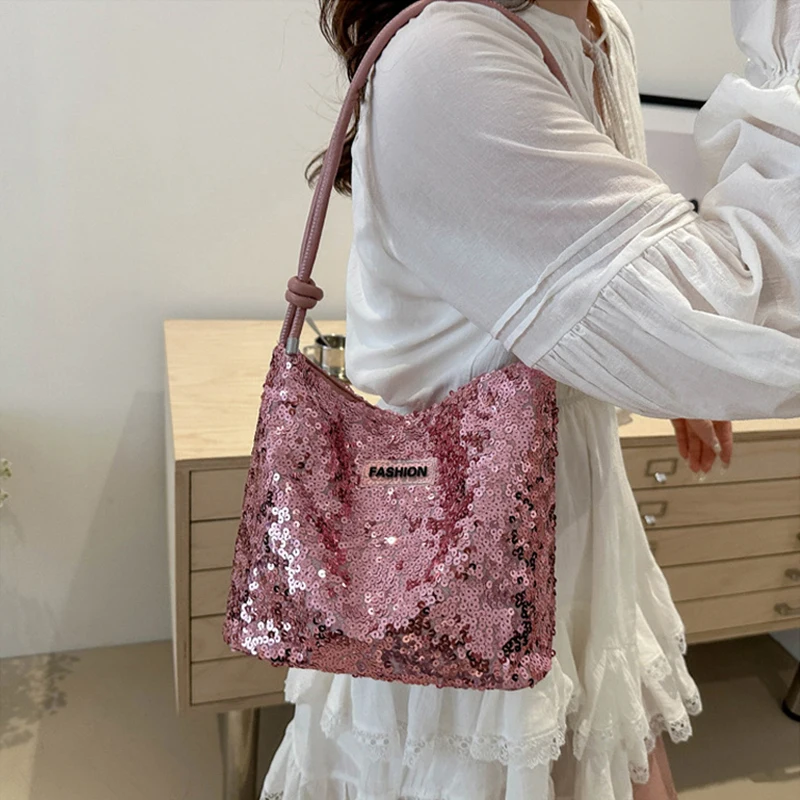 

Shiny Sequins Underarm Shoulder Bag For Women PU Leather Bling Small Bucket Messenger Bag Fashion Designer Shopping Handbags