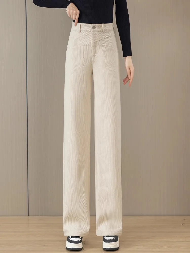 

Thickened Fleece Corduroy Straight Leg Pants Women's Casual Wide Leg Pants High Waist Autumn Winter New Style Beige Color