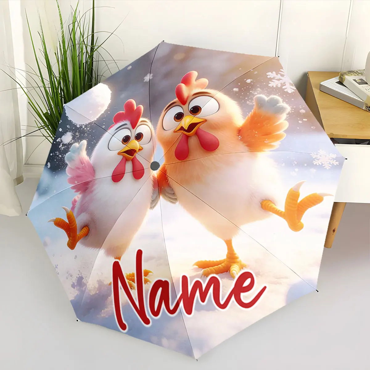 Custom Name Umbrella Umbrella with Illustrated Cartoon Chickens Print 8 Iron Ribs Folding Umbrella Auto-Open Fashion Sunshade