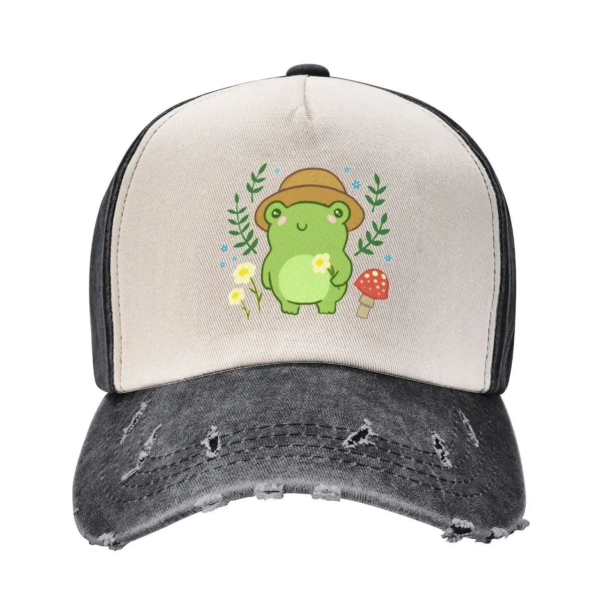 Cute Green Frog with Gardener Hat - Mushroom Flower Blossoms Plants Kawaii Aesthetic - Funny Cottagecore Froggy Nat Baseball Cap