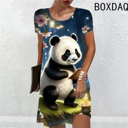 Cute Panda Animal Cartoon Print Women Dress New 2024 Summer Dress Fashion Short Sleeve Loose Casual A-Line Dress Ladies Street