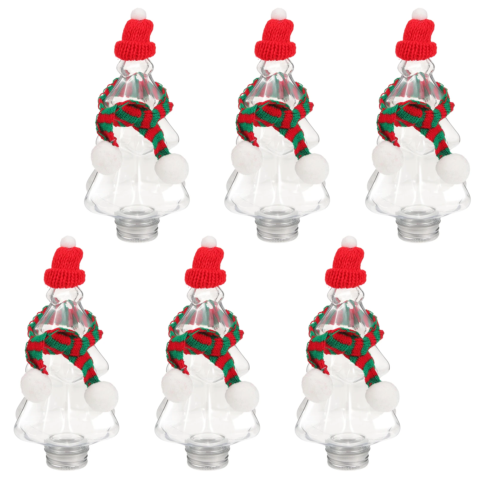 

6 Sets Christmas Juice Bottles With Hats And Scarves Christmas Tree Shaped Candy Cookie Jars Empty Juice Milk Beverage Bottles