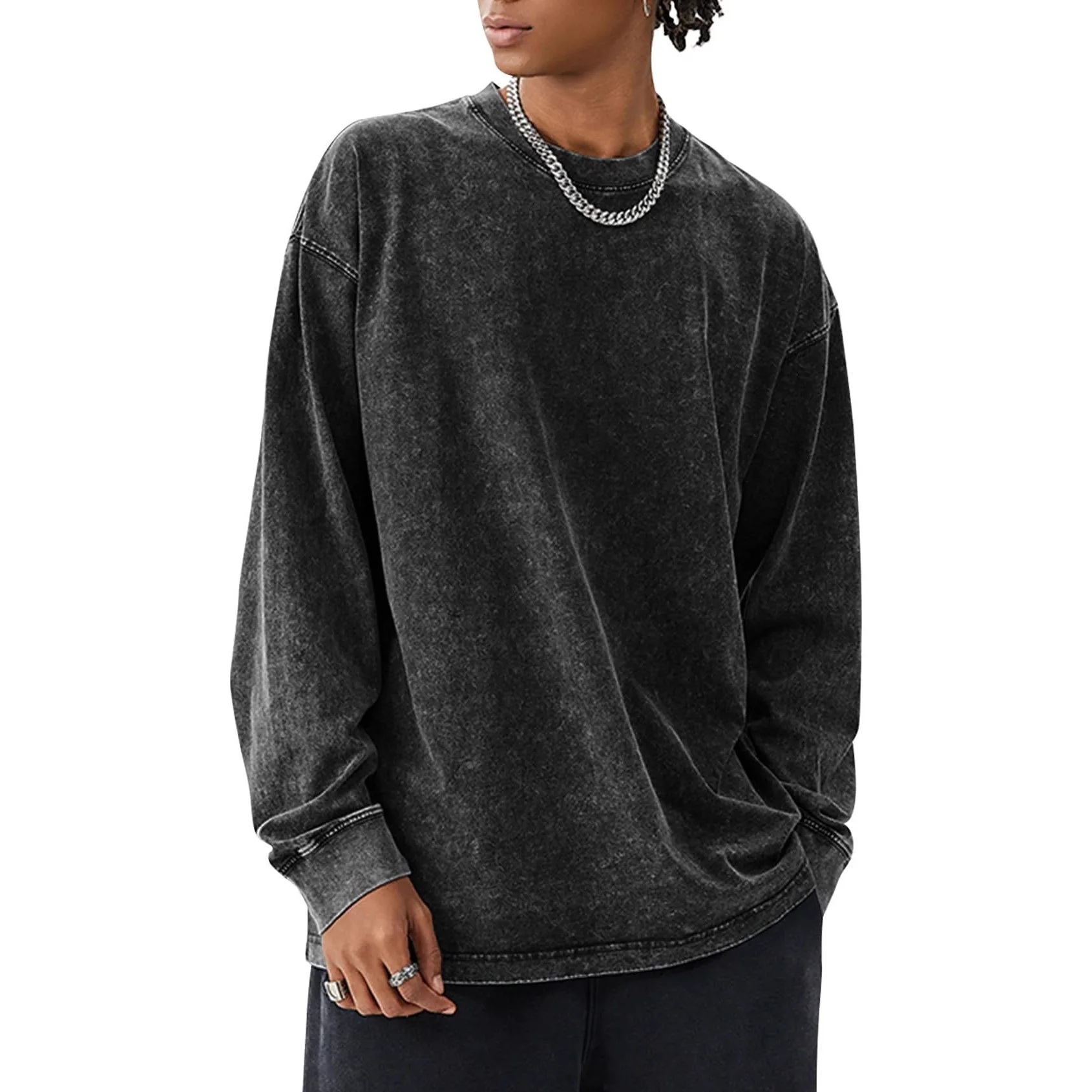 

2026 Washed Long-sleeved T-shirt Men's Loose High Street Versatile Bottoming Shirt Retro Top