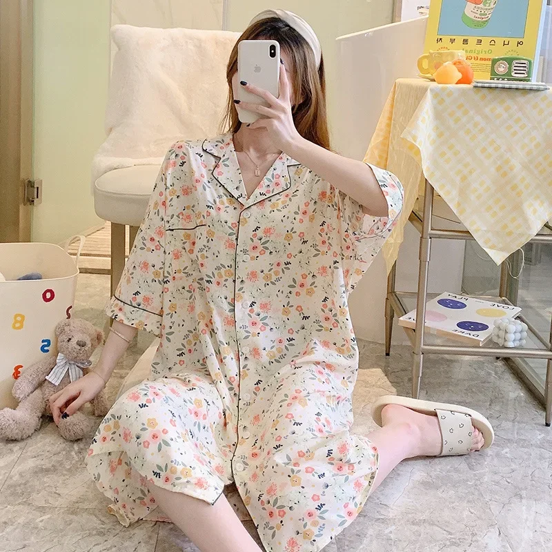 Plus Size Sleepshirts Women Homewear Sleep Nightdress Cotton Print Nightwear Home Dressing Gown Summer Long Nightgown Home Dress