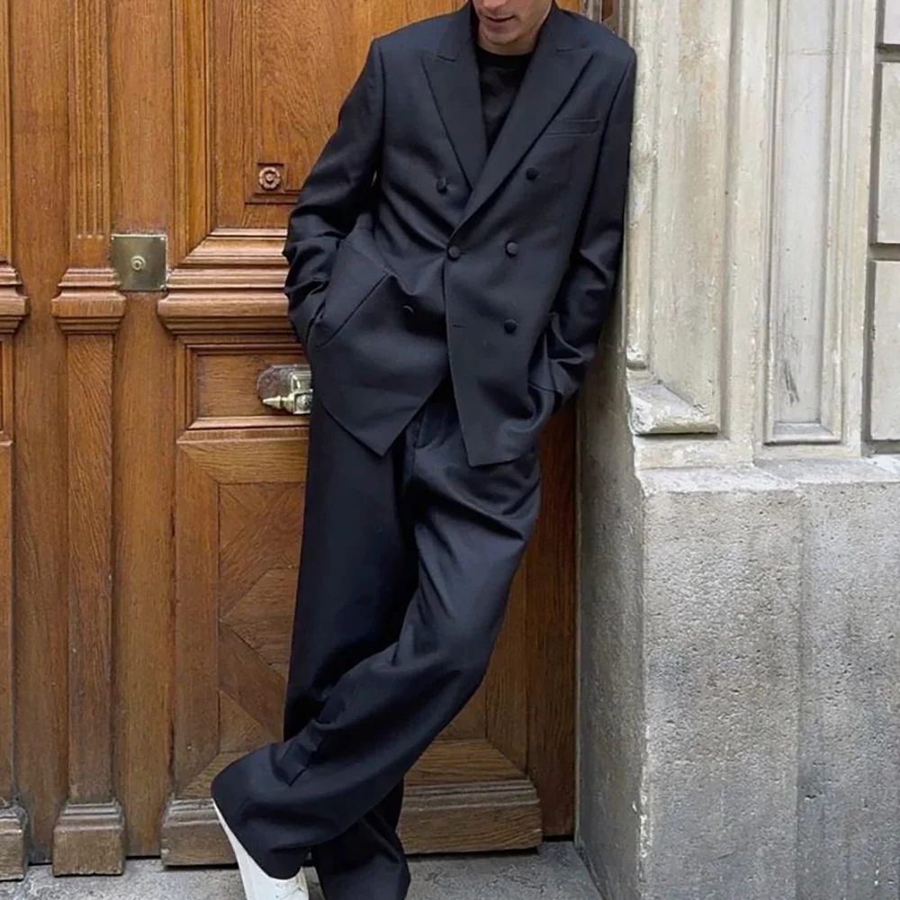 Chic Loose Black Double Breasted Men Suit Two Pieces(Jacket+Pants) Lapel Outfits Casual Party Prom Wedding Set