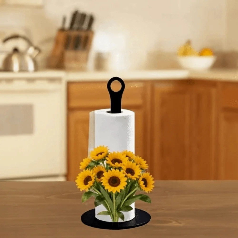 2D Flat Acrylic Roll Paper Towel Holder Sunflower Floral Wooden Base Vertical Napkins Rack Freestanding Decorative Tissue Holder