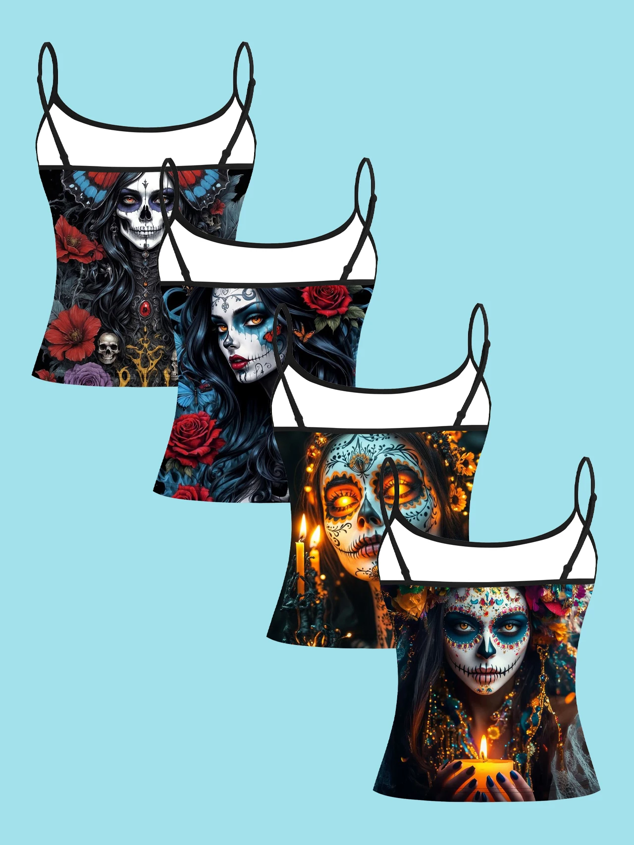 4-Piece Set of Day of the Dead Butterfly Rose Sugar Skull Goddess Print Camisole for Women, Halloween Dark Retro Spaghetti Strap Slim-Fit Inner Top