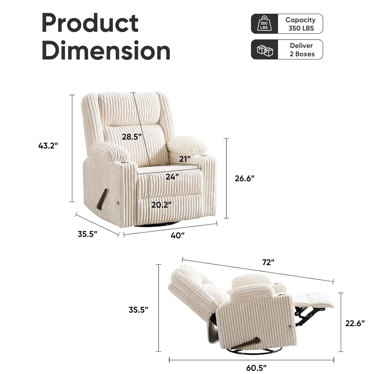 #Oversized Manual Recliner Swivel Rocker Arm Storage Adjustable Headrest Phone Stand Side Pockets Living Room Beige Customized