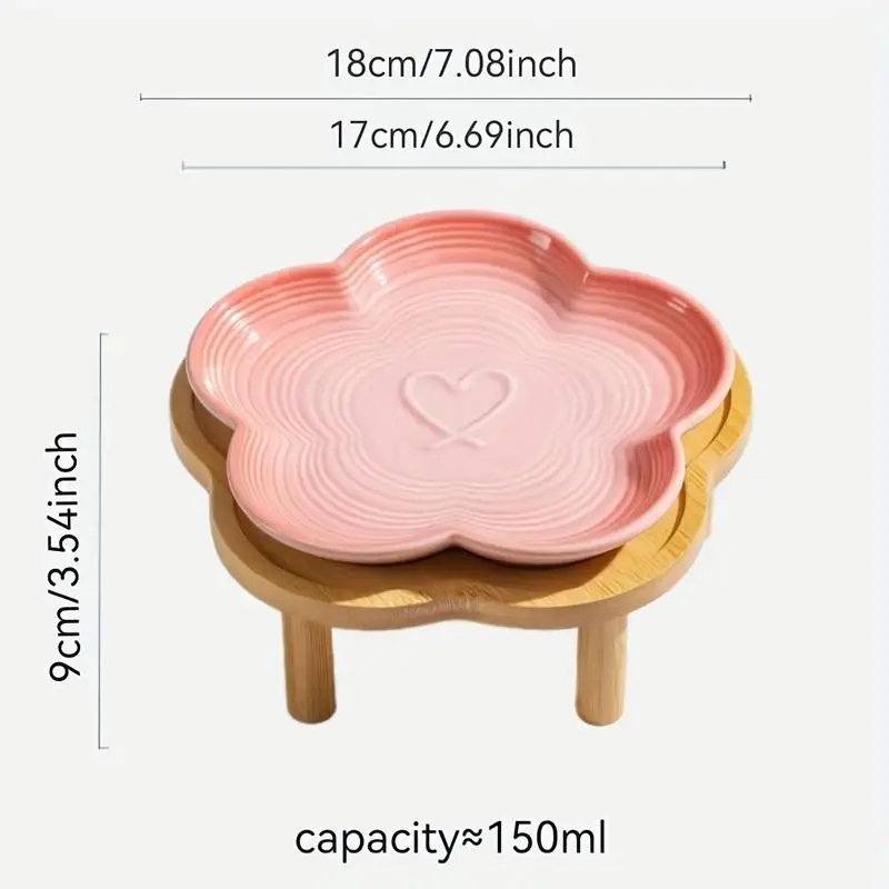 Ceramic Pet Bowl with Wood Stand, Cute Bow Pattern Cat Food Bowl,Shallow Dish for Cat Snacks,Kitchen Tableware,Home Pet Feeding