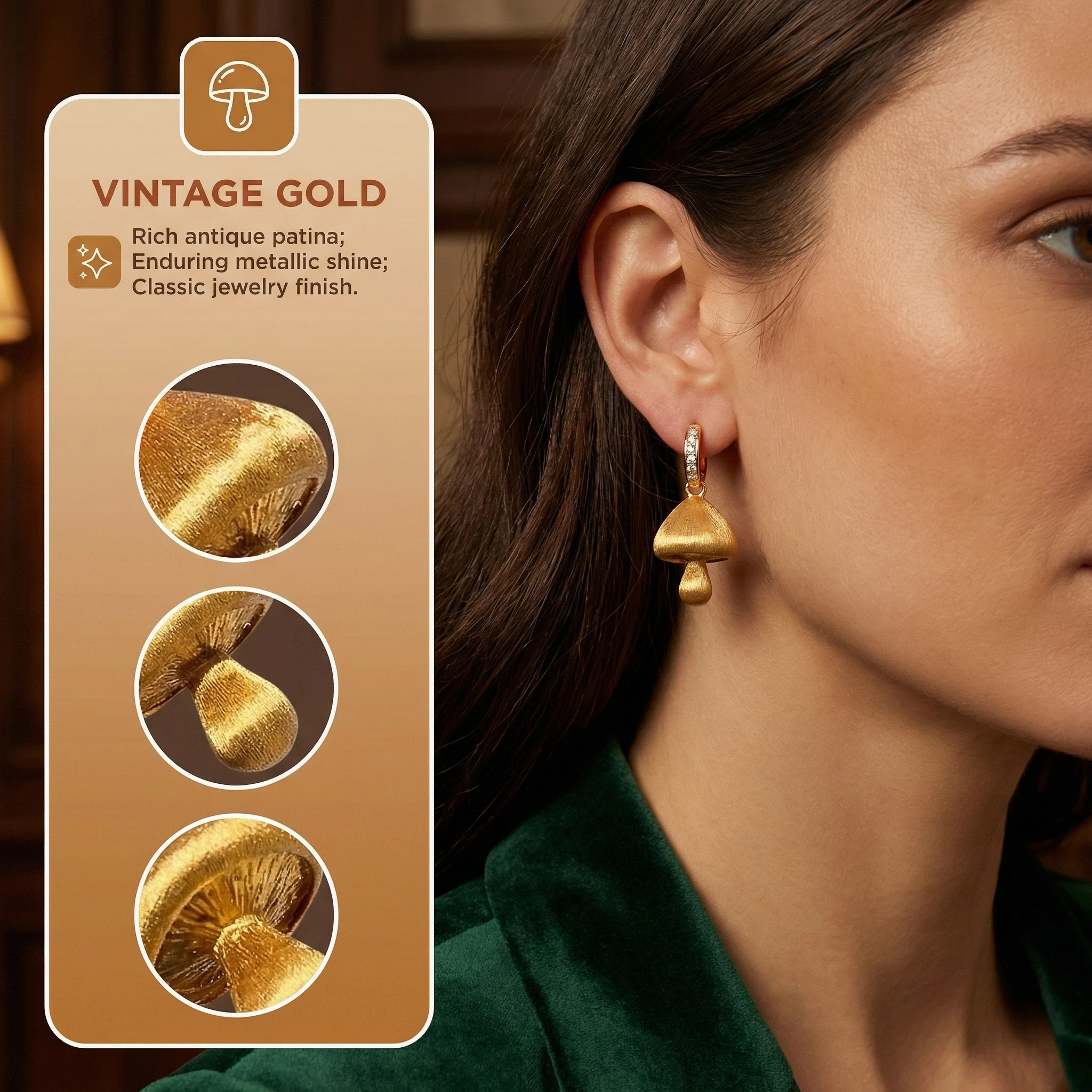 

Retro Gold Velvet Mushroom Earrings Elegant Fashion High-End Versatile Ladies' Jewelry Gift for Anniversary Women's Jewelry