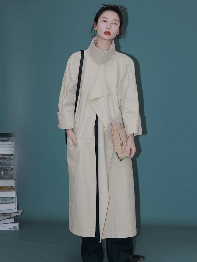 

IVYYANG Vintage Khaki Windbreaker Coat Women's Casual Mid-Length Workwear Jaet Autumn Season Commute Sle Loose Fit Cotton