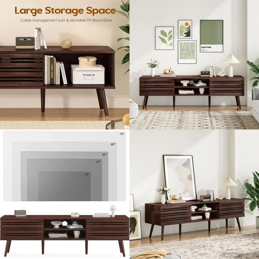 70 TV-Sized Mid Century Modern Stand with Storage, Fluted Wood Living Room Media Console, Boho Style Entertainment Center featur
