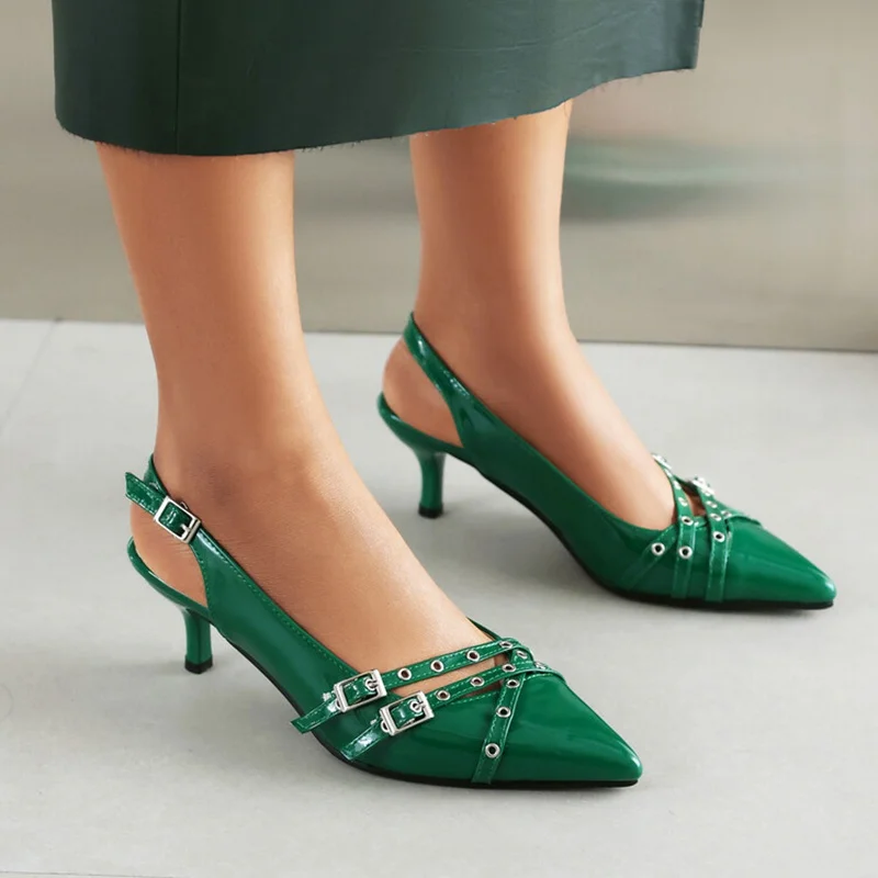 ORCHALISA Office Lady Shoes Pointed Toe 6.5cm Small Heels Rivets Buckles Strap Brand Design Women Pumps Big Size 40 41 42 4