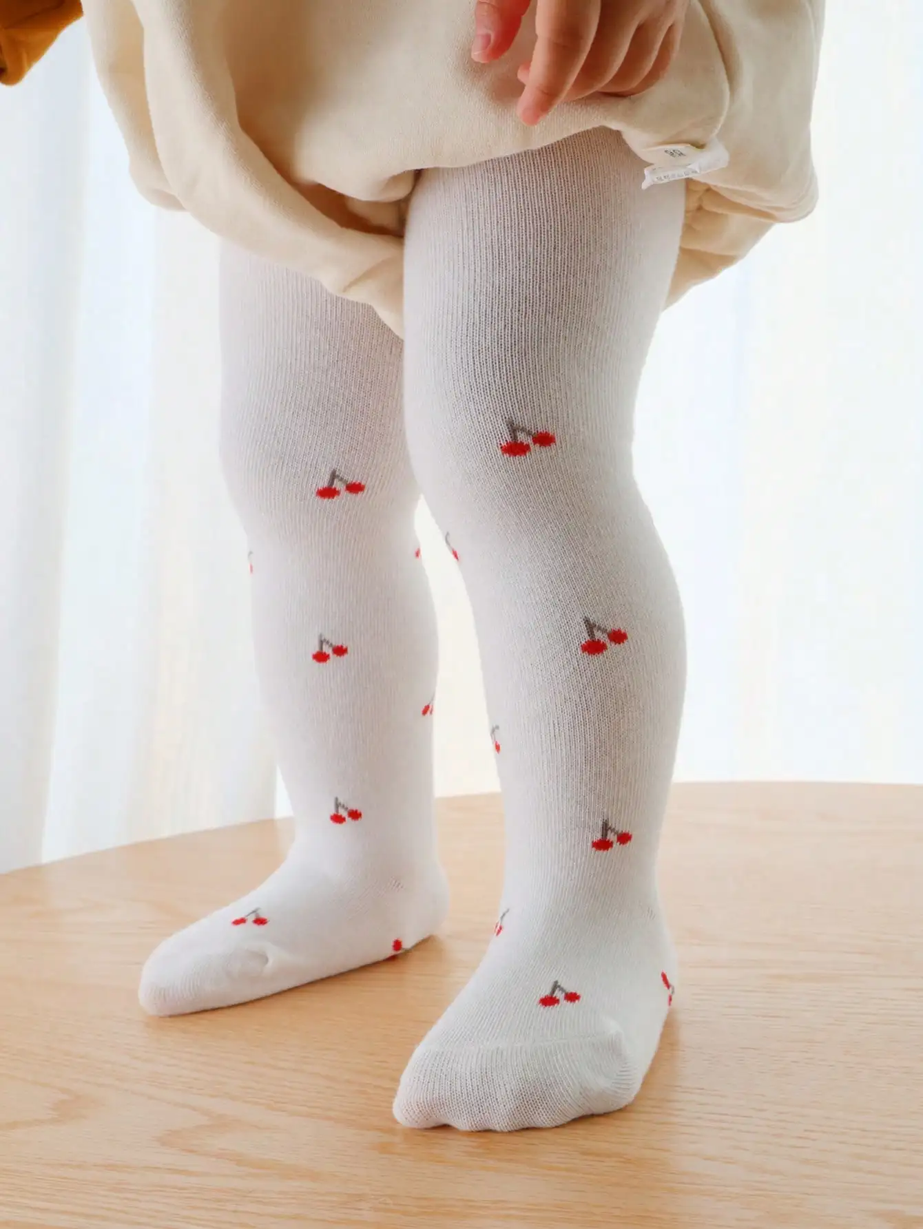 2 Pairs Baby Girls Knit Tights Cherry Floral Print Soft Elastic Cotton Pantyhose Toddler 0-2Y Spring Autumn Daily Casual Outfit