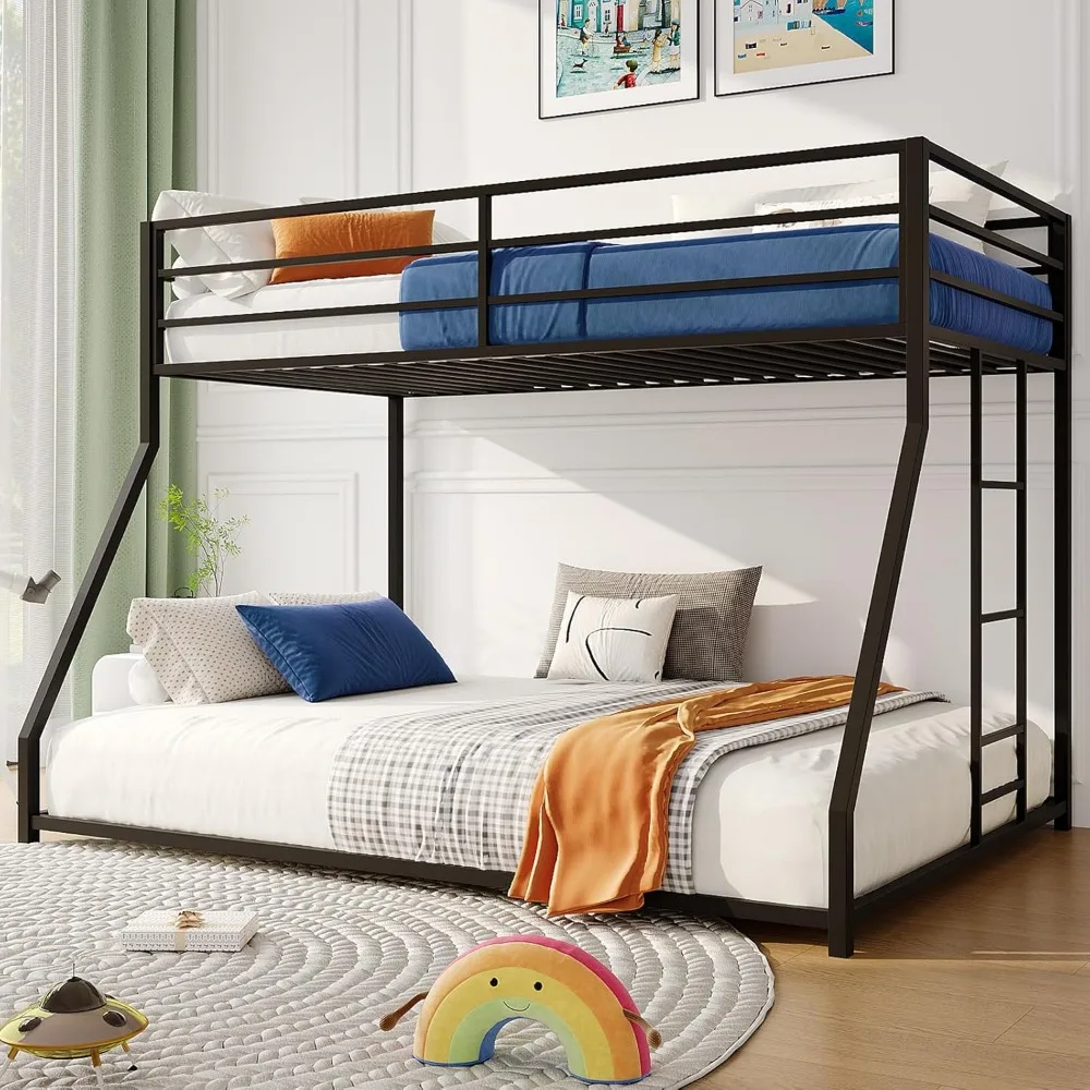 

Twin Over Full Low Bunk Bed Frame for Kids Teens Adults, Metal Heavy Duty Sturdy Bunk Bed with Guardrail & Convertible Ladder fo
