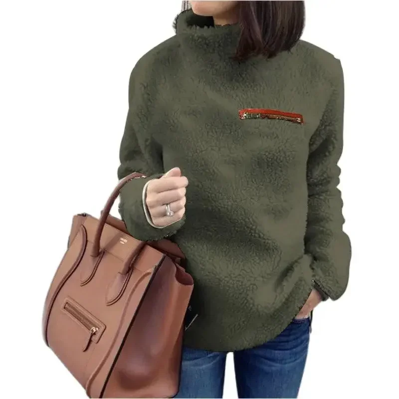 Autumn Winter Thickened Warm Plush Sweater Women Fashion Zipper Decoration Turtleneck Pullover Jumpers Female Comfortable Tops 4