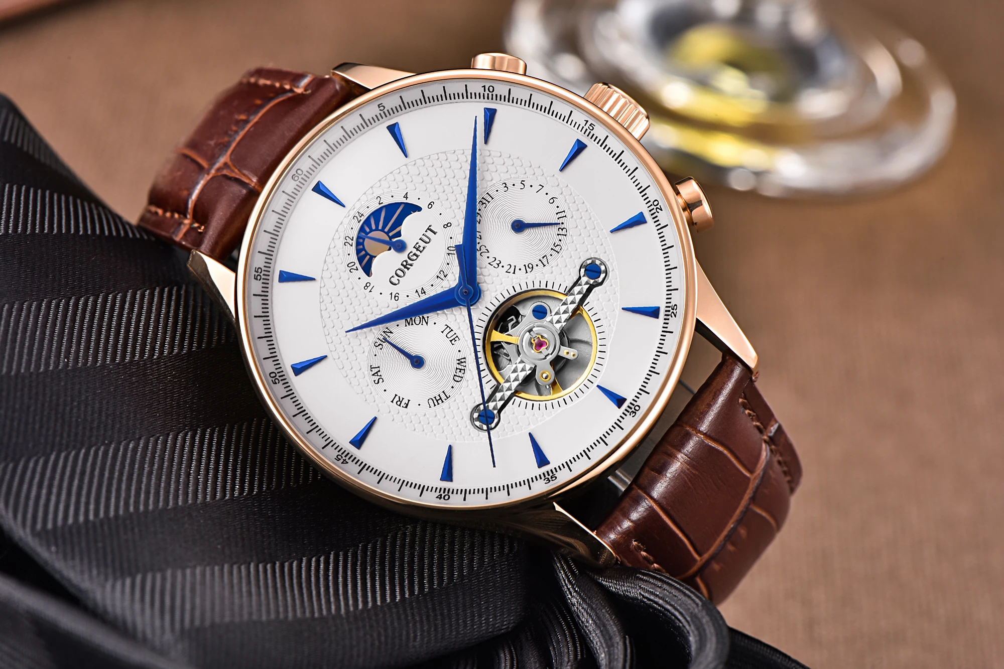 CORGEUT 44 мм Деловые модные роскошные часы для мужчин 50 м Водонепроницаемые минеральные стеклянные автоматические механические часы с датой недели и фазой луны