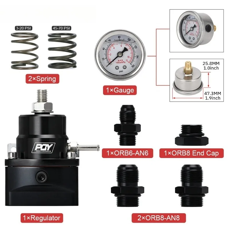 

Fuel Pressure Regulator Universal Aluminum AN8 Feed & AN6 Return Line 3-20 20-45 45-70 Pressure Springs W/ 0-160PSI Gauge Set