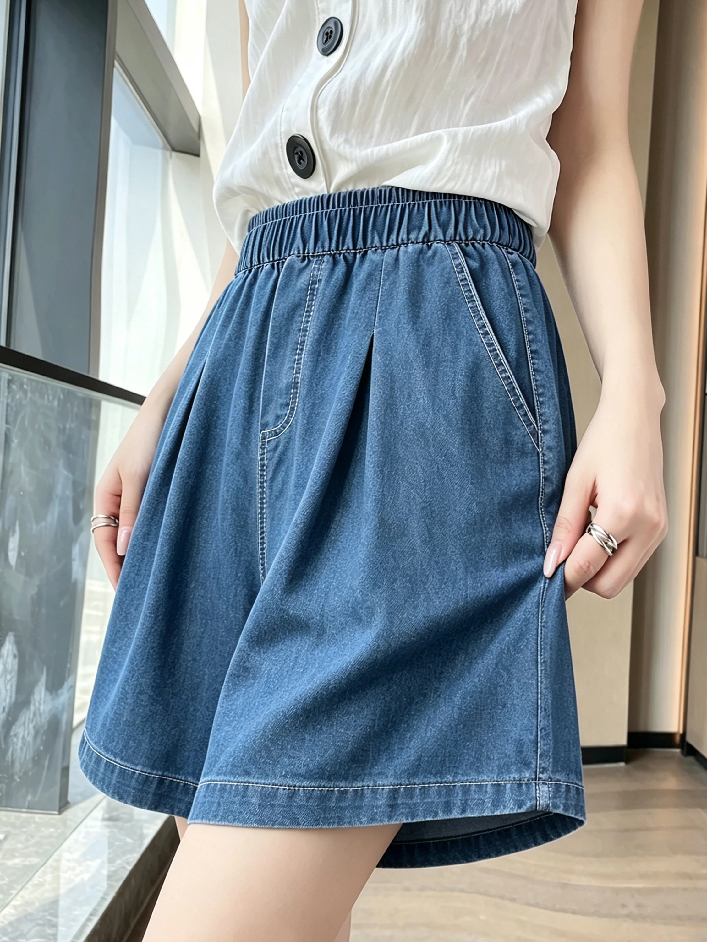 

Slimming Effect Vintage Blue Silk Denim Five-Point Pants Women Summer Outdoor Thin Wide Leg Loose Fit Shorts Casual Style...