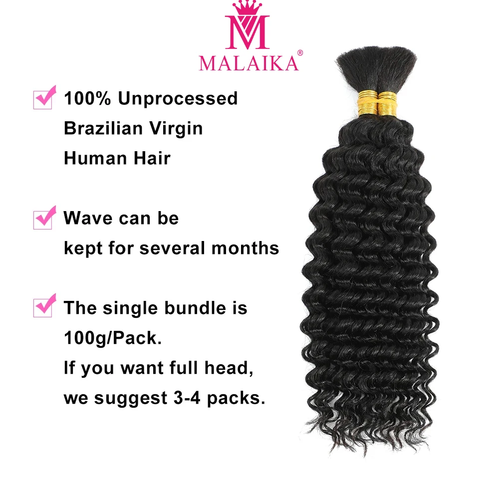 MALAIKA-Cabello humano brasileño con ondas profundas, mechones trenzados a granel, sin trama, para trenzas bohemias, 100% cabello humano