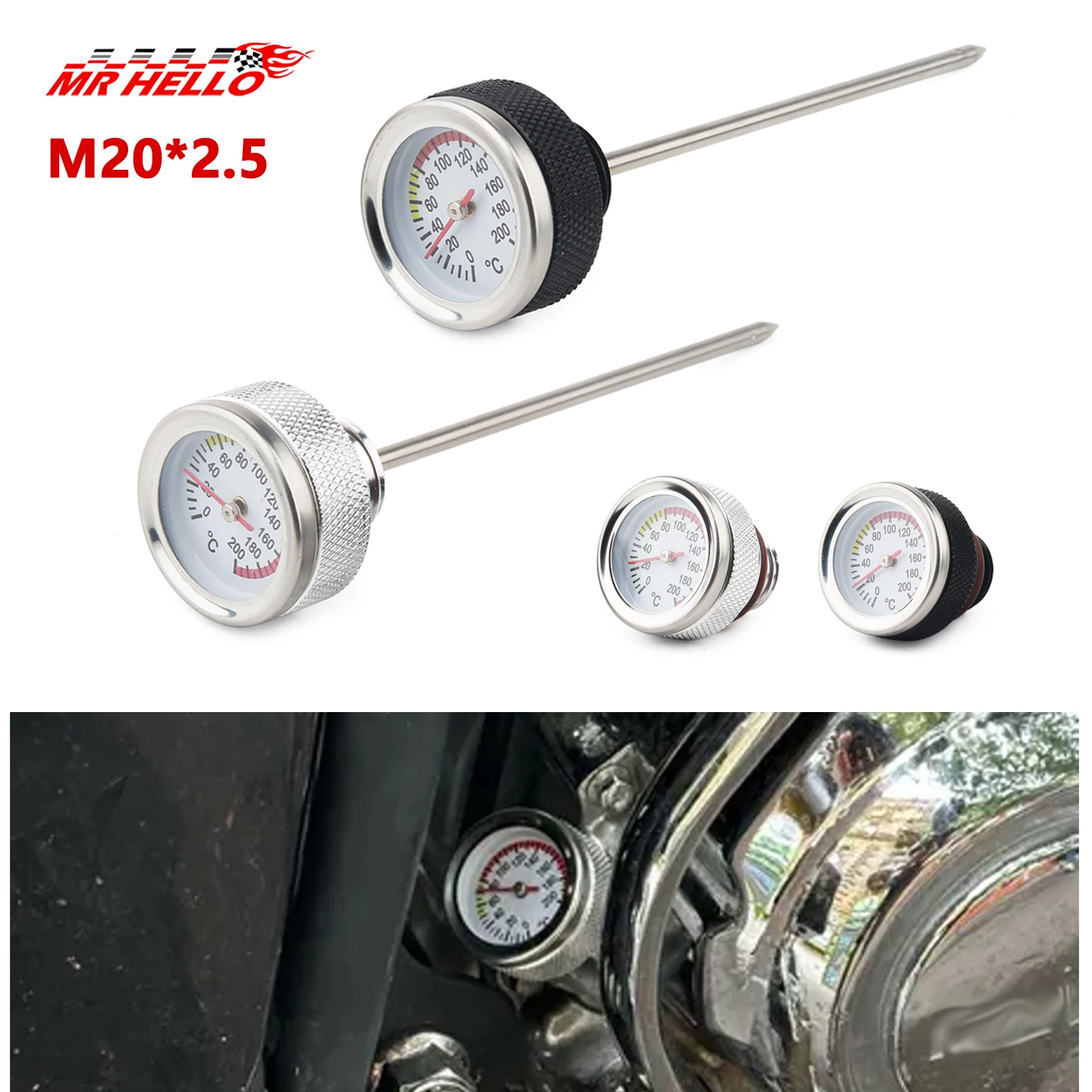Tampas do tanque de combustível da motocicleta preto/prata m20x2.5 medidor de temperatura do óleo com sonda 117mm ou não sonda 0-200 ponteiro termômetro tampa